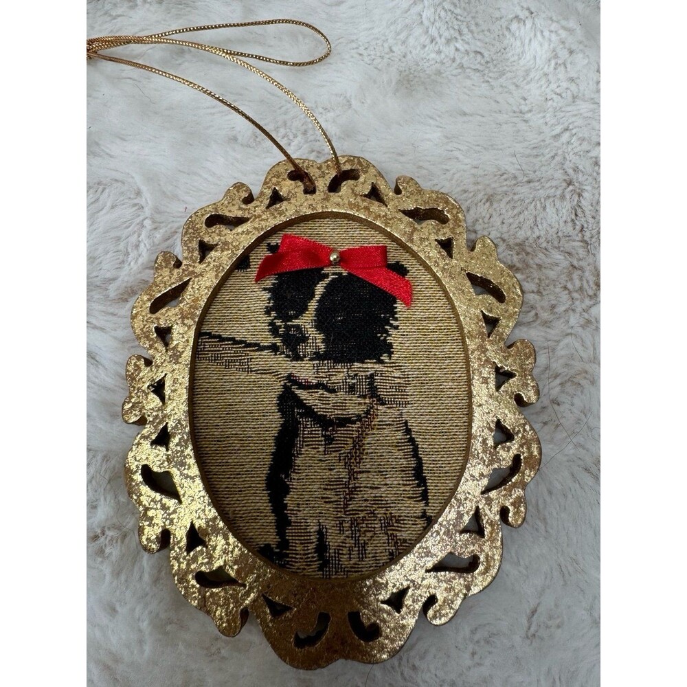 VTG Oval Antique Gold Frame Cross Stitch Dog Border Collie w/ Bone Ornament Bow